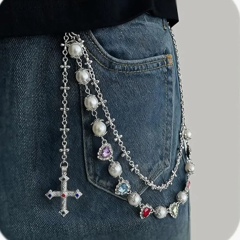 Pearl Cross Heart Pants Chain Gothic Y2K Skater Grunge Wallet Jean Chain